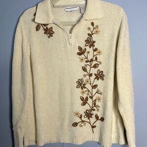 Vintage Alfred Dunner Cream Chenille 1/4 Zip Sweater Sz Medium  Brown Flowers
